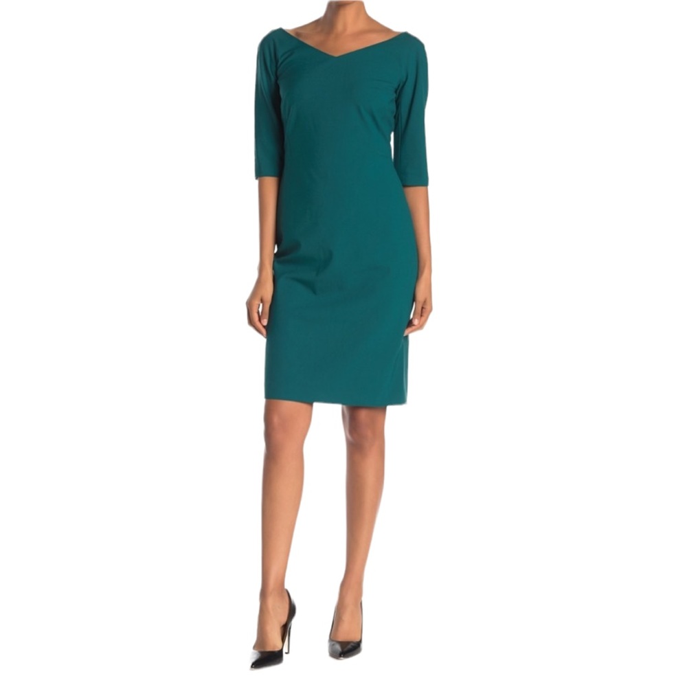 LAFAYETTE 148 Alexia V-Neck Wool Blend Deco Teal Sheath Dress